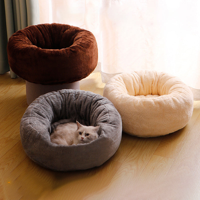 Long Plush Donut Round Pet Bed Warm Cushion