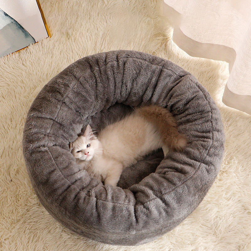 Long Plush Donut Round Pet Bed Warm Cushion