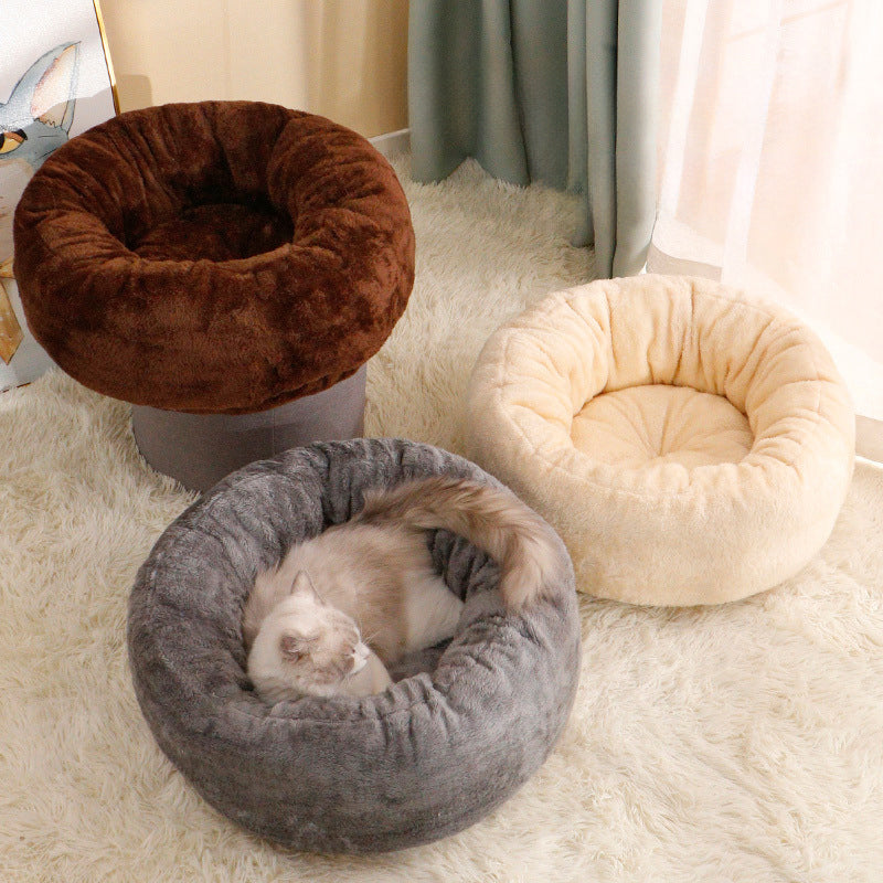 Long Plush Donut Round Pet Bed Warm Cushion