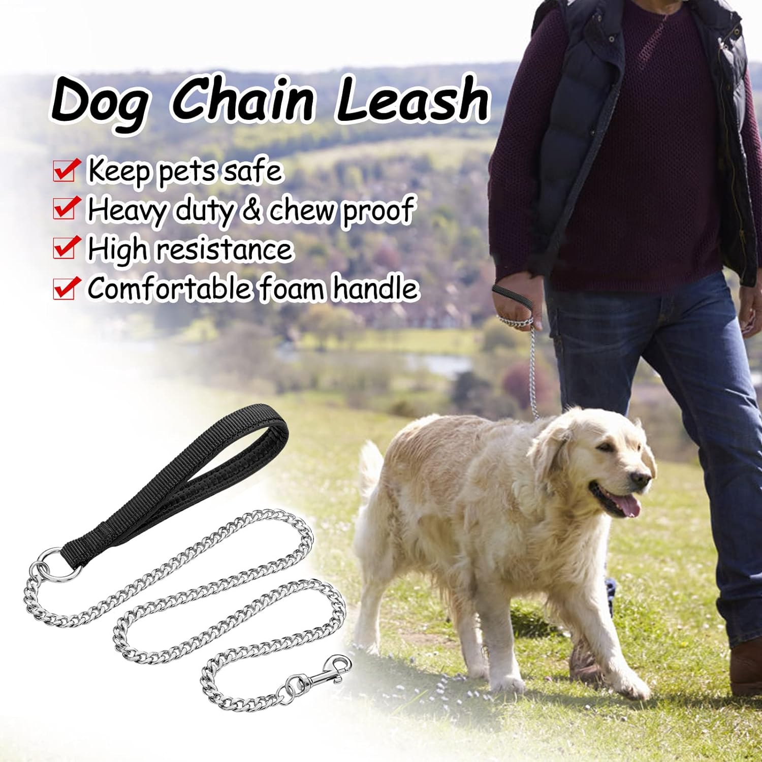 Heavy Duty Metal Chain Pet Leash With Padded Handle
