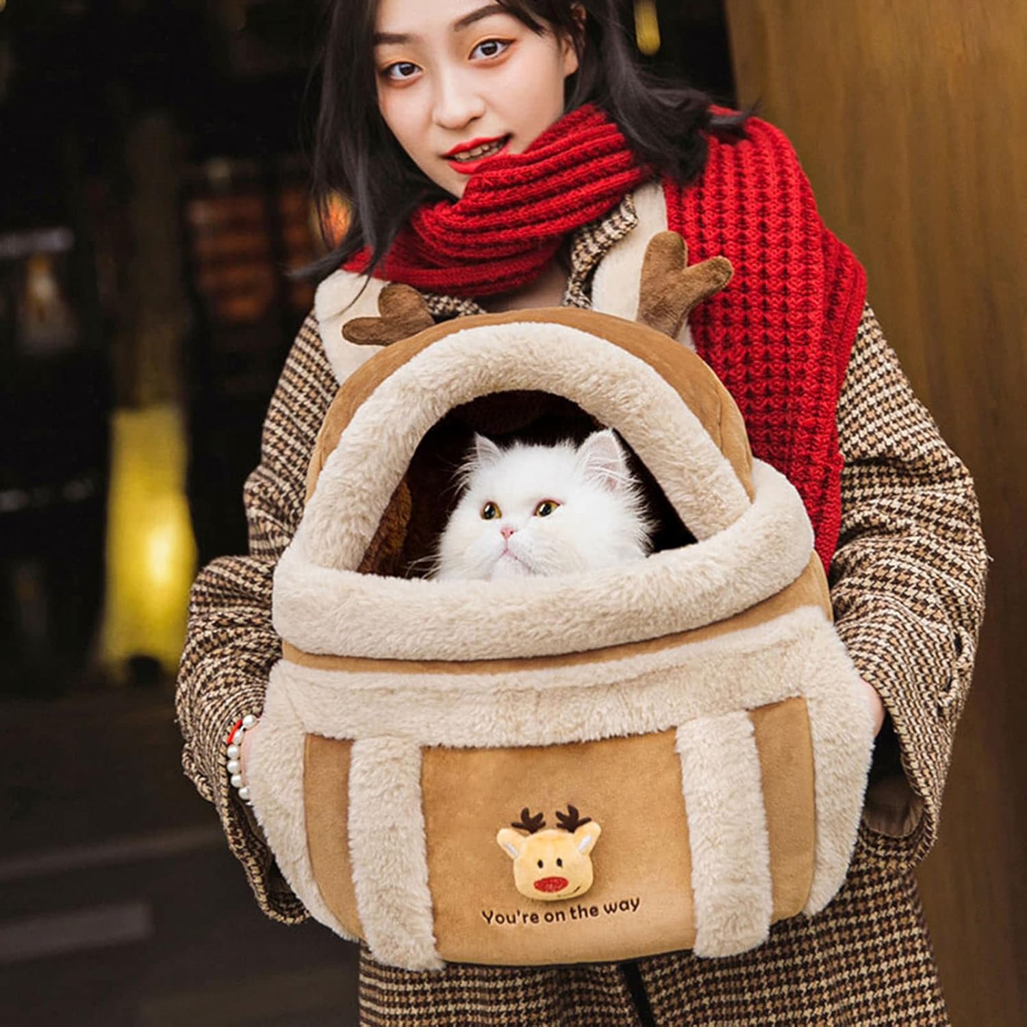 Pet Travel Backpack Carrier Bag With Plush Hand Warmers