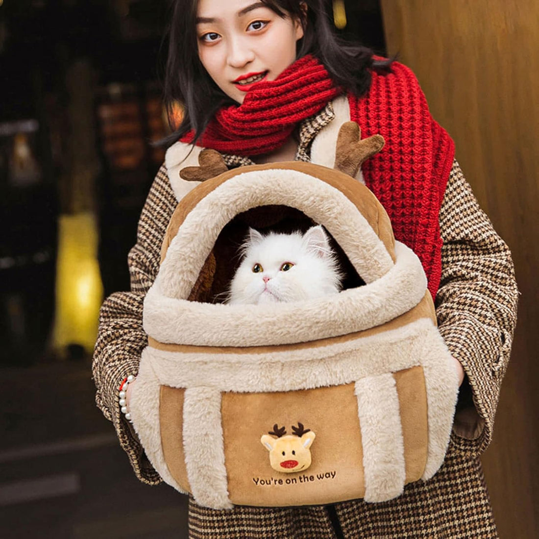 Pet Travel Backpack Carrier Bag With Plush Hand Warmers