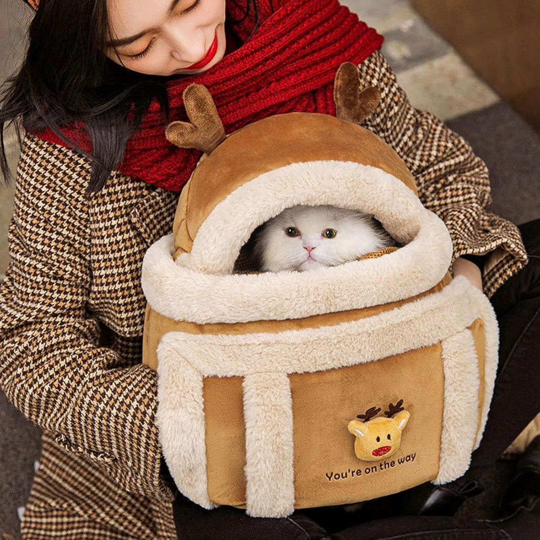 Pet Travel Backpack Carrier Bag With Plush Hand Warmers