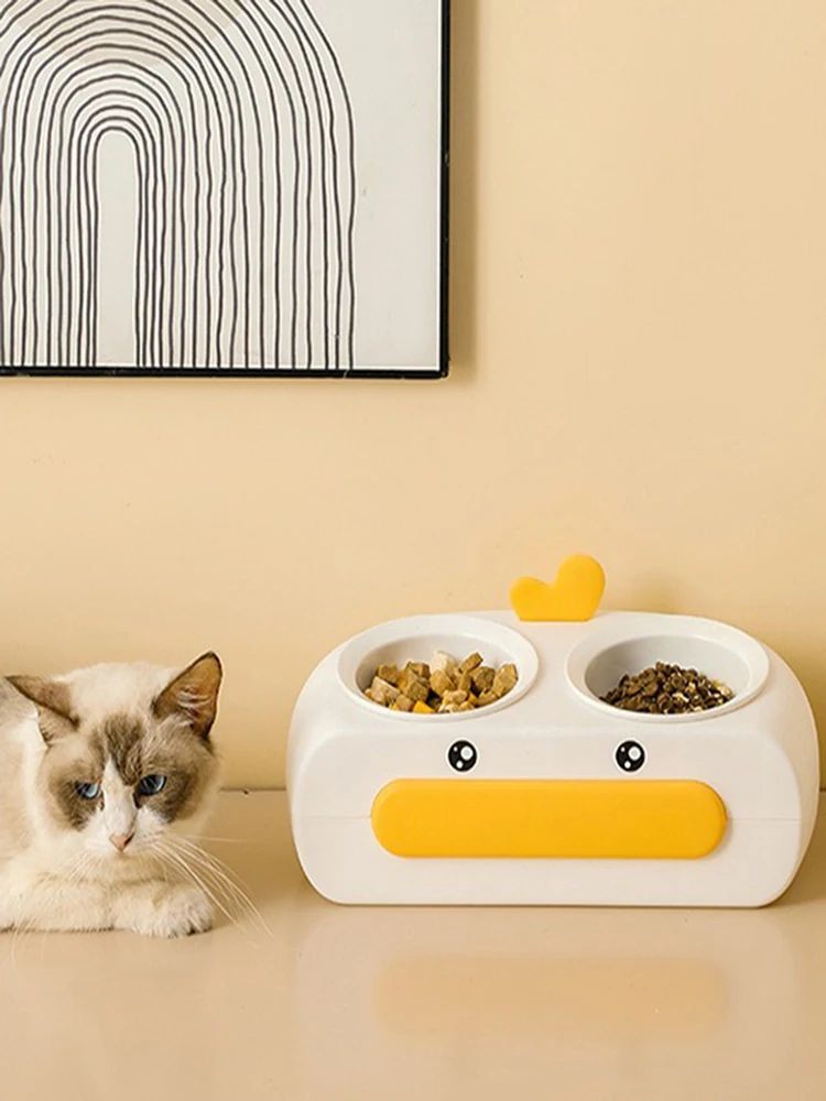 Duck Design Double Pet Feeding Bowl Plastic Tray