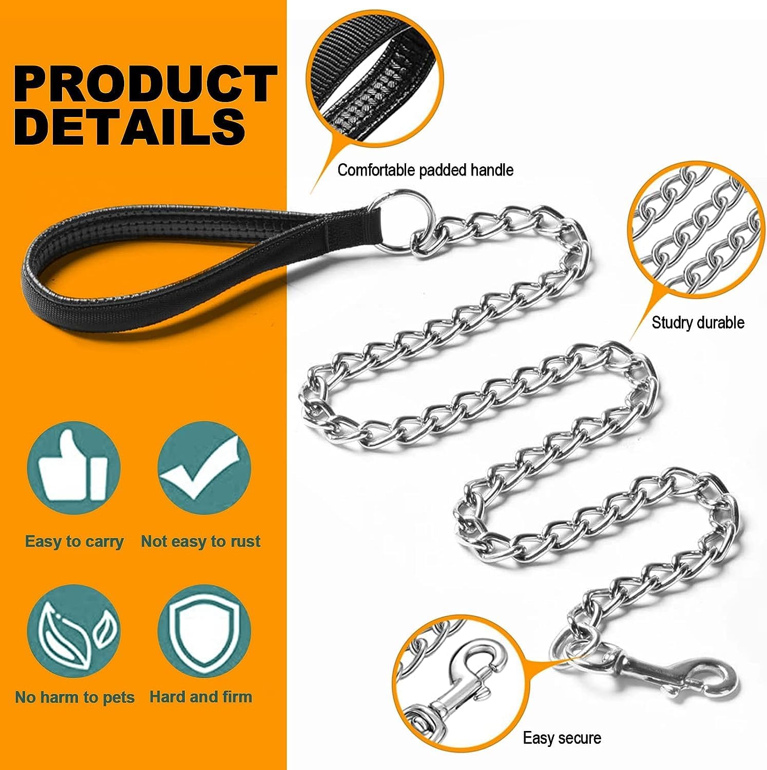 Heavy Duty Metal Chain Pet Leash With Padded Handle