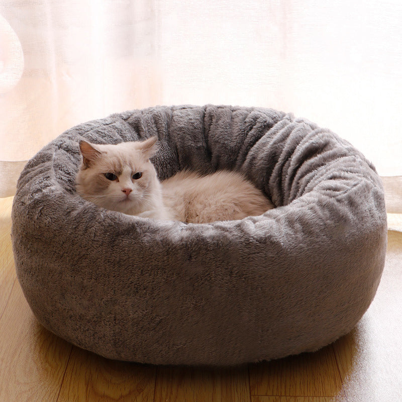 Long Plush Donut Round Pet Bed Warm Cushion